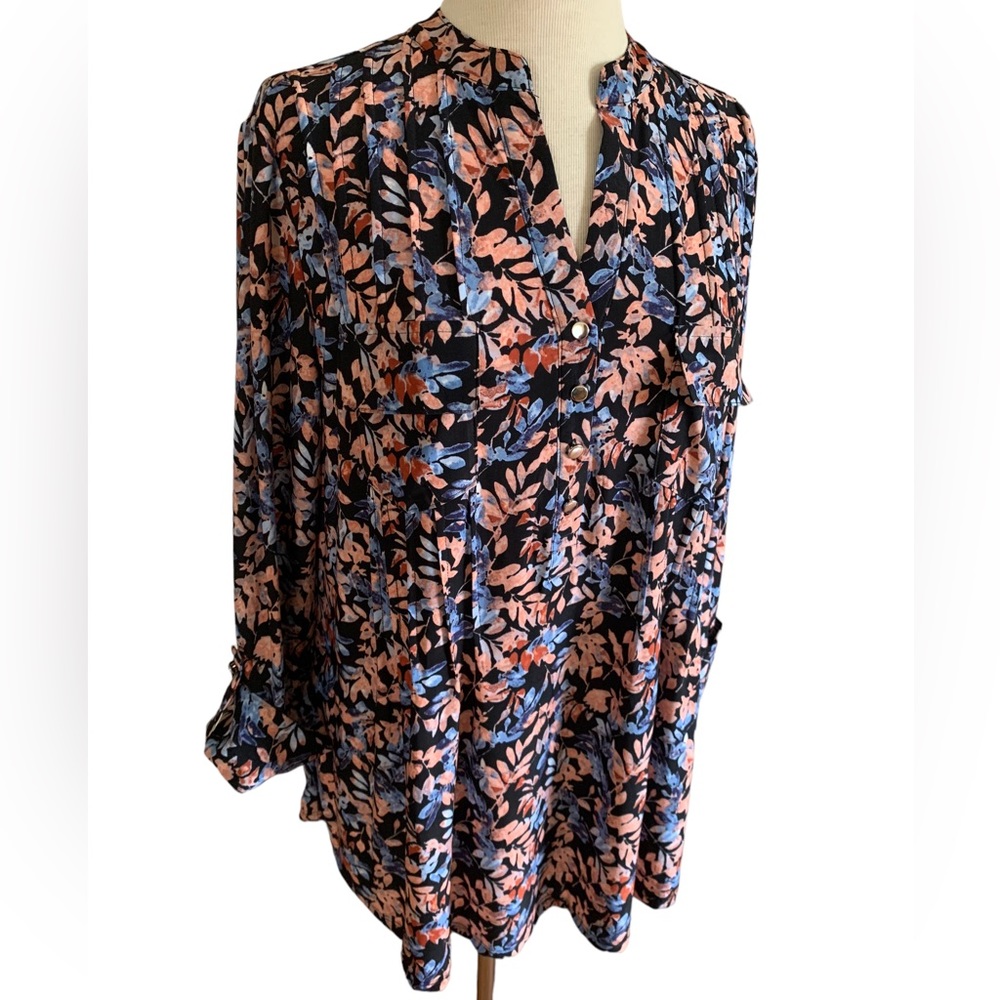 COCOMO 1X Plus Size Blue orange floral 3/4 sleeve women's Pintuck Blouse tunic - Picture 5 of 13